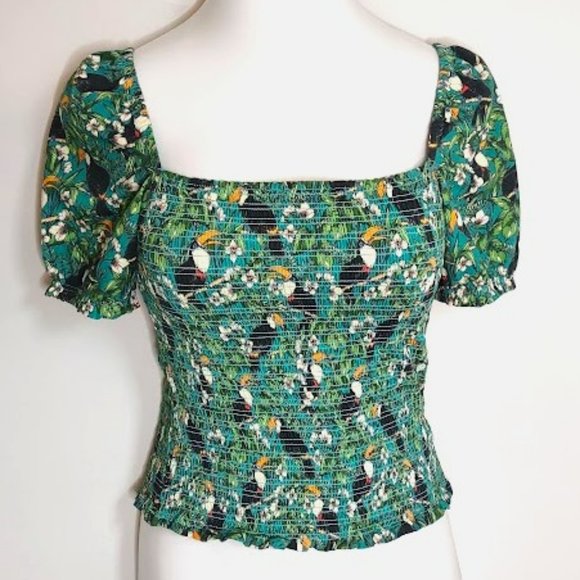 dolan Tops - Dolan Left Coast Green Smocked Puffy Sleeve Tropical Print Summer Top